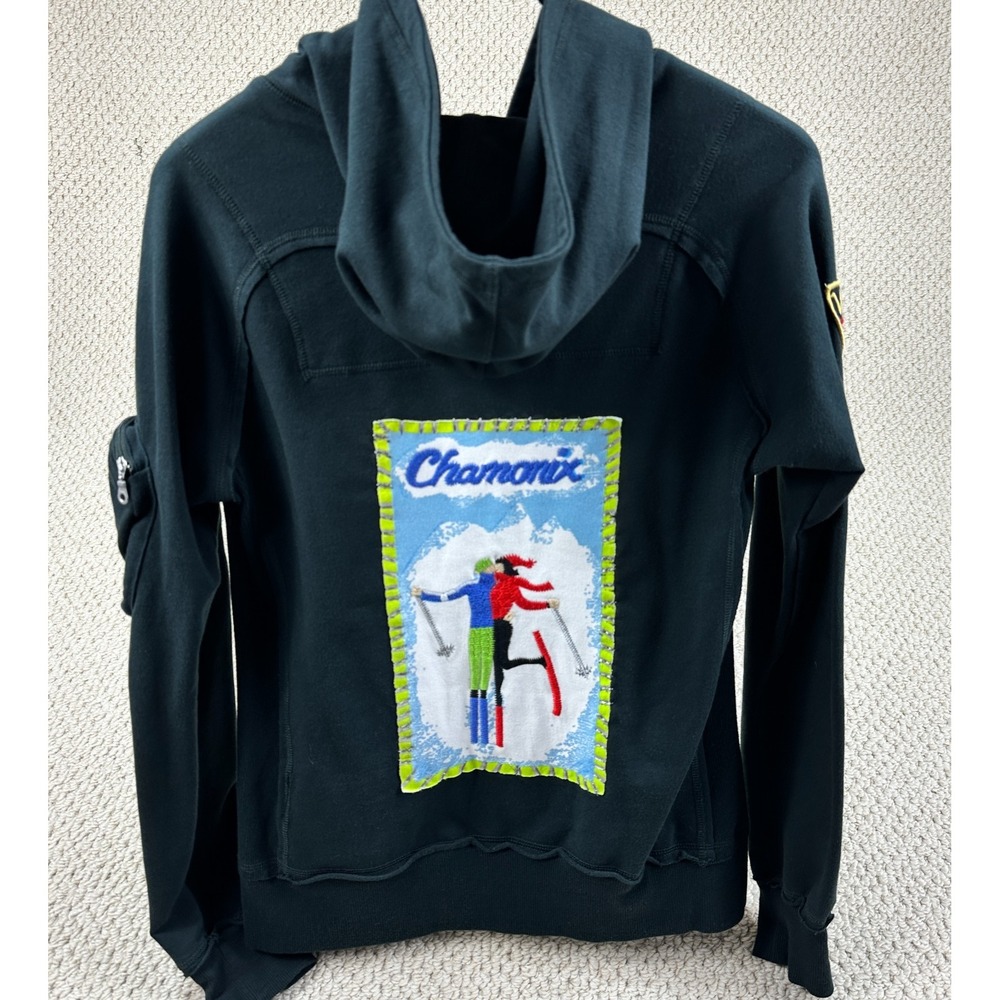 Neve Hoodie Womens M Black Full Zip Hood Jacket Chamonix Valdlsere Ski Patchwork